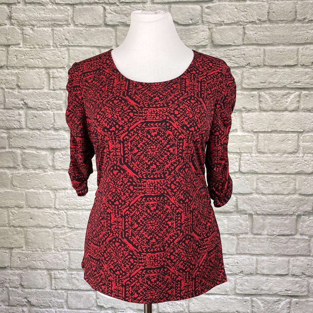 Alfani Red & Black Ruched Sleeve Stretch Top - Picture 1 of 5